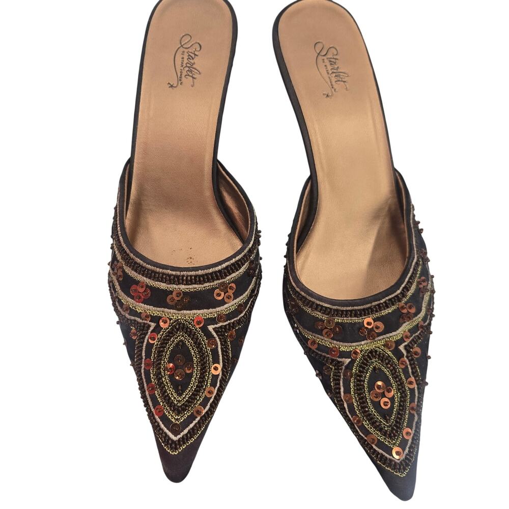 Starlet Women Y2K Fairy Boho Brown Satin Sequin Embroidered Kitten Heel Mules 10
